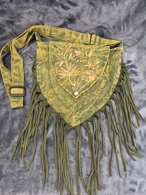 Boho Green Embroidered Crossbody Bag Fringe Hippie  Obligue Bag